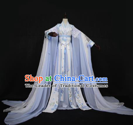 Chinese Ancient Cosplay Swordswoman Costume Tang Dynasty Nobility Lady Embroidered Blue Hanfu Dress for Women