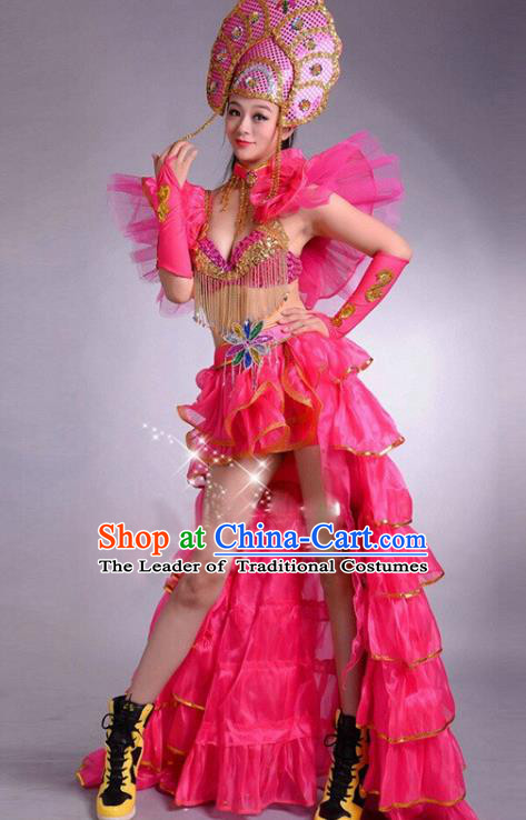 Top Grade Stage Performance Modern Dance Costume Opening Dance Rosy Clothing and Headpiece for Women