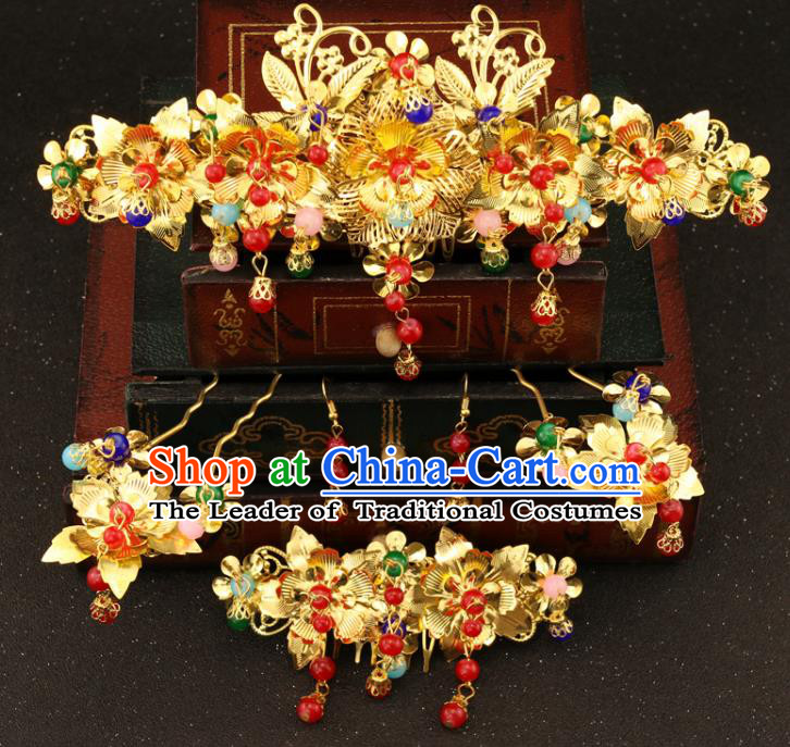 Chinese Traditional Hair Accessories Bride Xiuhe Suit Hair Comb Ancient Jade Hairpins Complete Set for Women