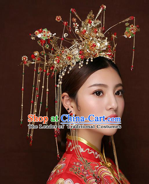 Chinese Traditional Handmade Hair Accessories Xiuhe Suit Phoenix Coronet Ancient Hairpins Step Shake for Women