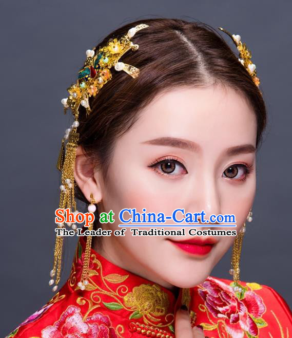 Chinese Traditional Handmade Hair Accessories Ancient Hairpins Xiuhe Suit Hair Combs Complete Set for Women