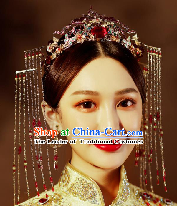 Chinese Traditional Wedding Xiuhe Suit Hair Accessories Tassel Phoenix Coronet Ancient Hairpins Complete Set for Women