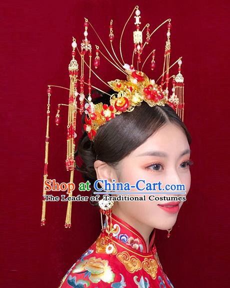 Chinese Traditional Xiuhe Suit Hair Accessories Red Beads Tassel Phoenix Coronet Ancient Bride Hairpins for Women