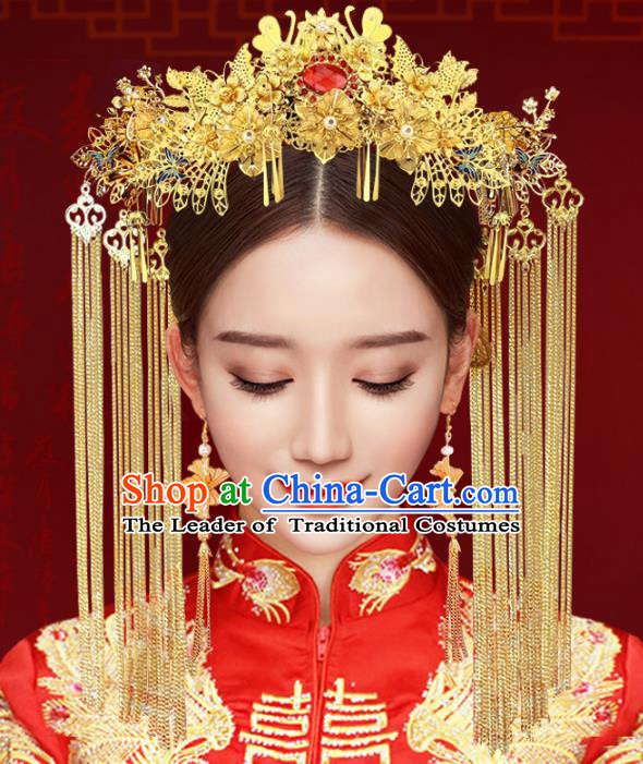 Chinese Traditional Xiuhe Suit Hair Accessories Complete Set Ancient Empress Phoenix Coronet Hairpins for Women