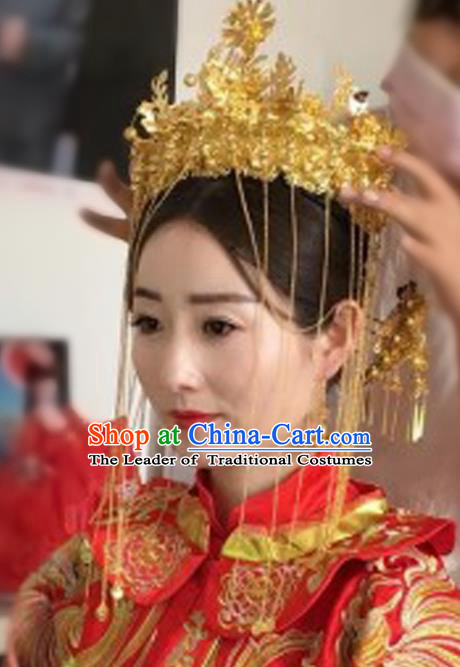 Chinese Traditional Hair Accessories Ancient Xiuhe Suit Golden Phoenix Coronet Hairpins Complete Set for Women