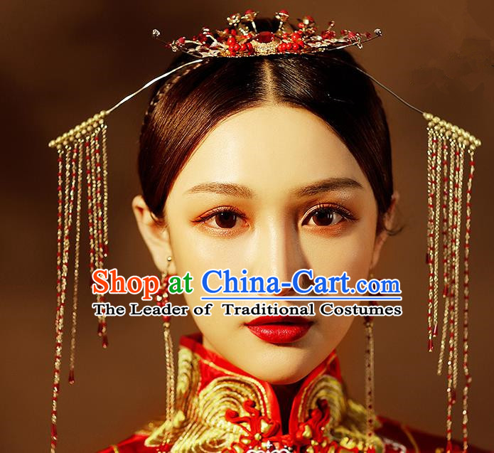 Chinese Ancient Handmade Tassel Phoenix Coronet Hair Accessories Traditional Xiuhe Suit Hairpins for Women