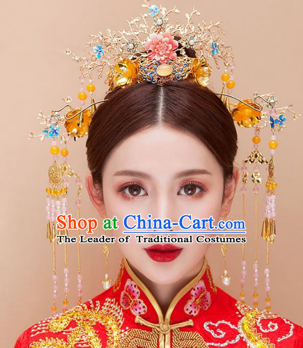 Chinese Ancient Handmade Xiuhe Suit Phoenix Coronet Traditional Tassel Hairpins Hair Accessories Complete Set for Women