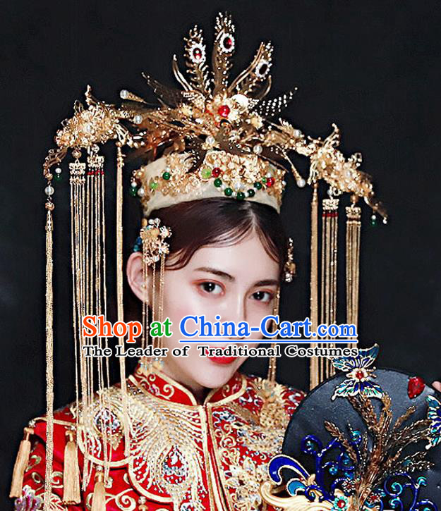 Chinese Ancient Handmade Hair Accessories Traditional Xiuhe Suit Golden Phoenix Coronet Tassel Hairpins for Women