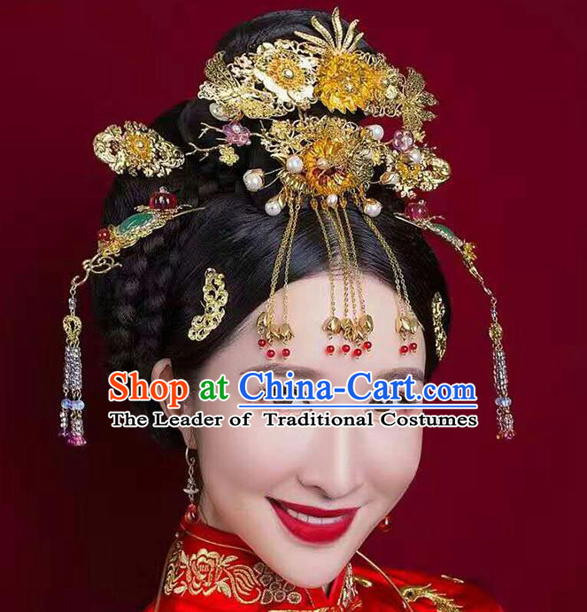 Ancient Chinese Handmade Classical Hair Accessories Bride Hairpins Phoenix Coronet Complete Set for Women