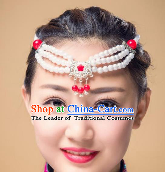 Traditional Chinese Mongol Nationality Dance Hair Accessories, Mongolian Minority White Beads Hair Clasp Headwear for Women