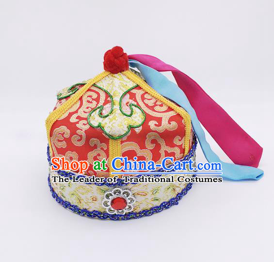Traditional Chinese Mongol Nationality Prince Handmade Hair Accessories, Mongolian Minority Red Hats for Kids