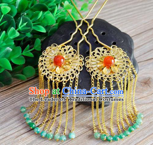 Ancient Chinese Handmade Jade Beads Tassel Hair Clips Hair Accessories Classical Hairpins for Women