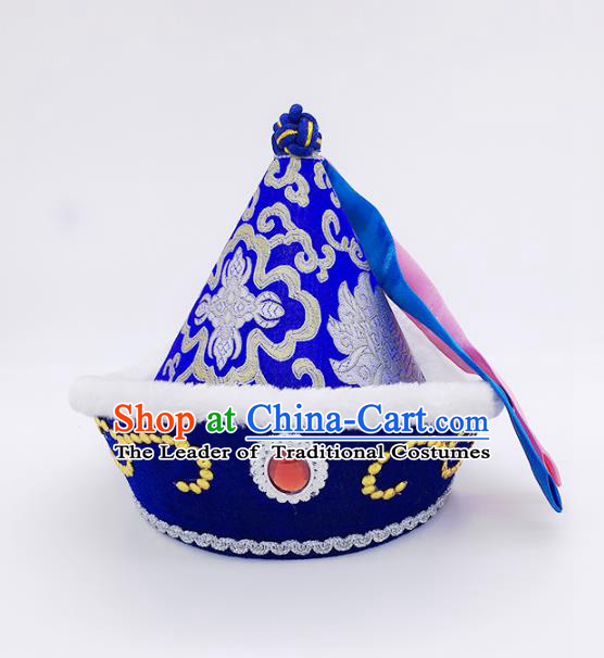 Traditional Chinese Mongol Nationality Prince Hat, Mongolian Minority Blue Hats for Kids