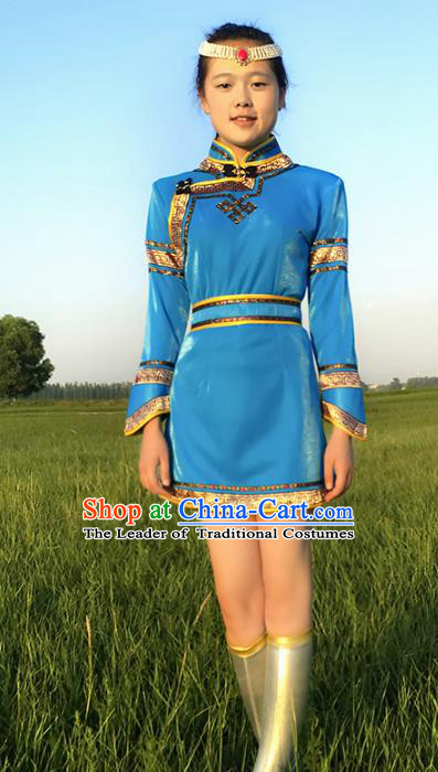 Chinese Mongol Nationality Blue Costume, Traditional Mongolian Folk Dance Clothing Mongolian Robe for Women
