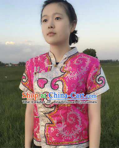 Chinese Mongol Nationality Ethnic Pink Blouse Costume, Traditional Mongolian Folk Dance Waistcoat for Women