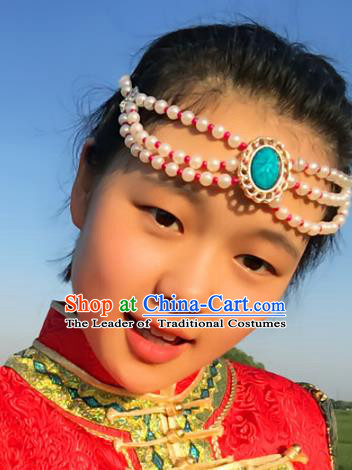 Traditional Chinese Folk Dance Hair Accessories, Mongolian Minority White Pearls Hair Jewelry Dance Headwear for Women