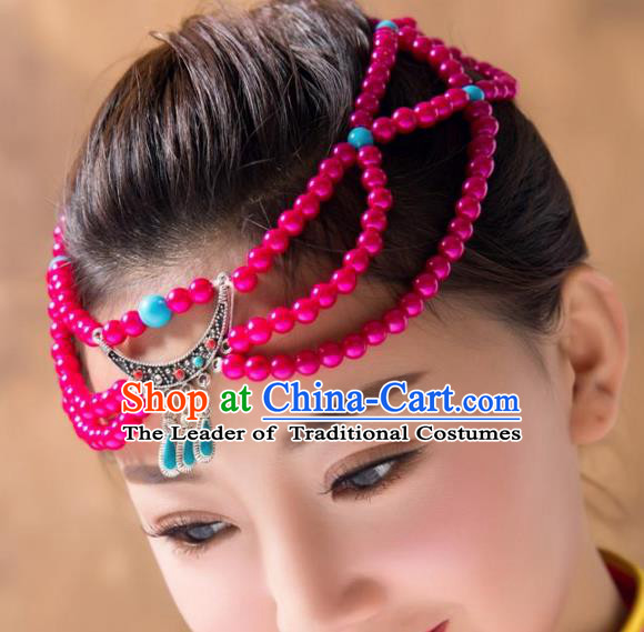 Traditional Chinese Folk Dance Rosy Beads Hair Accessories, Mongolian Minority Hair Jewelry Dance Headwear for Women