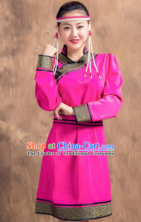 Chinese Traditional Female Ethnic Costume, China Mongolian Minority Folk Dance Rosy Dress for Women