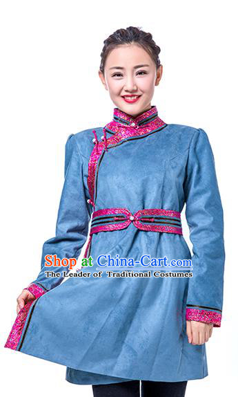 Chinese Traditional Female Blue Suede Fabric Ethnic Costume, China Mongolian Minority Folk Dance Clothing for Women