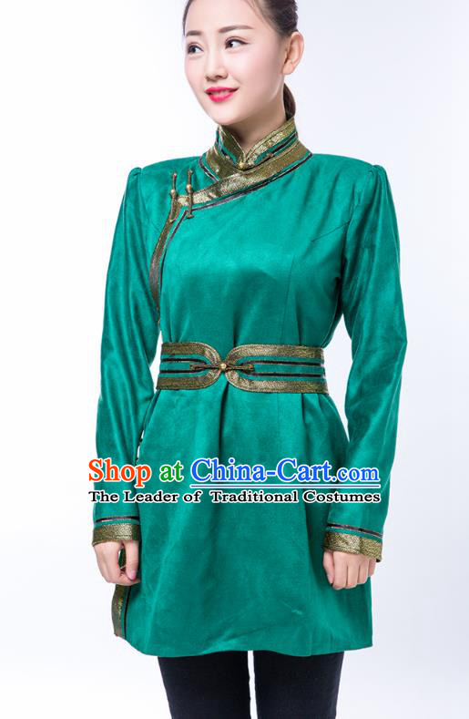 Chinese Traditional Female Green Suede Fabric Ethnic Costume, China Mongolian Minority Folk Dance Clothing for Women