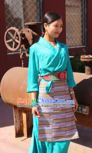 Chinese Traditional Minority Dance Costume Zang Nationality Blue Dress for Women