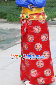 Chinese Traditional Minority Dance Costume Zang Nationality Red Brocade Skirt for Women
