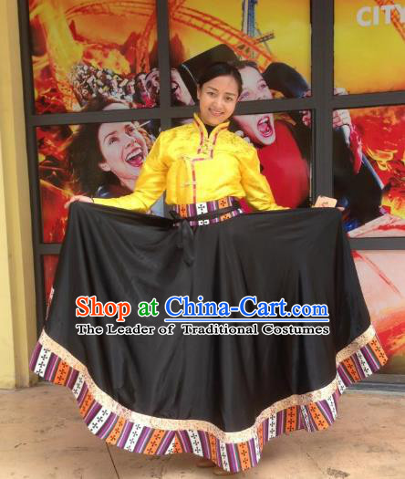 Chinese Traditional Minority Dance Costume Zang Nationality Black Big Swing Skirt for Women