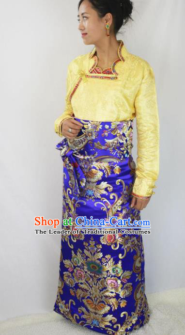 Chinese Traditional Minority Dance Costume Zang Nationality Tibetan Minority Royalblue Skirt for Women