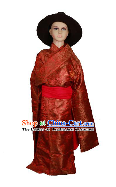 Chinese Traditional Tibetan Minority Dance Costume Zang Nationality Red Brocade Tibetan Robe for Kids