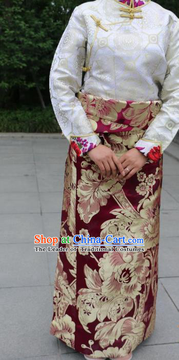Chinese Traditional Minority Dance Costume Wine Red Tibetan Skirt Zang Nationality Clothing for Women
