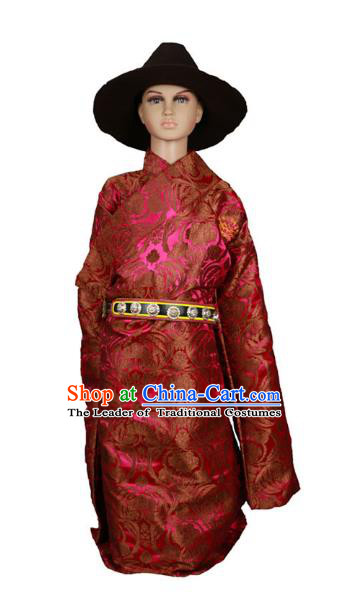 Chinese Traditional Tibetan Minority Dance Costume Zang Nationality Rosy Brocade Tibetan Robe for Kids