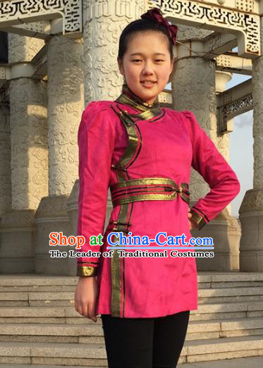Chinese Traditional Female Ethnic Costume Rosy Suede Fabric Mongolian Robe, China Mongolian Minority Folk Dance Clothing for Women