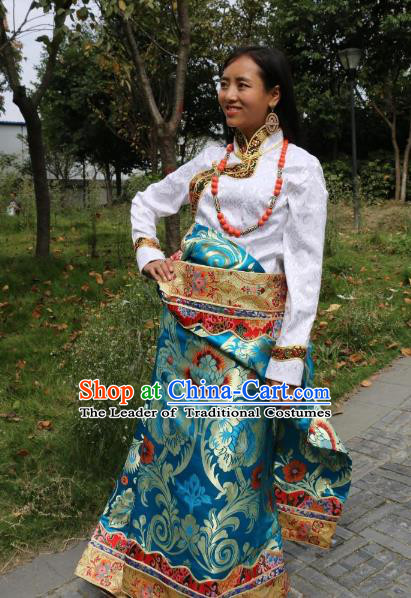 Chinese Traditional Minority Wedding Costume Blue Tibetan Robe Zang Nationality Clothing for Women