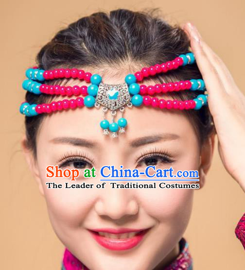 Traditional Chinese Folk Dance Hair Accessories, Mongolian Minority Rosy Beads Hair Jewelry Dance Headband for Women