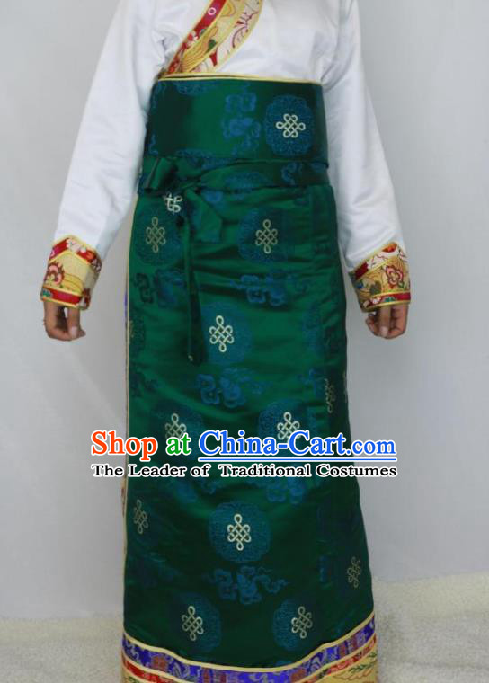 Chinese Traditional Minority Costume Tibetan Green Brocade Skirt Zang Nationality Clothing for Women