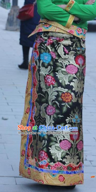 Chinese Traditional Minority Costume Tibetan Black Brocade Skirt Zang Nationality Clothing for Women