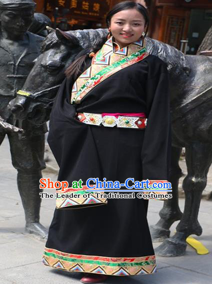 Chinese Traditional Black Tibetan Robe Minority Costume Zang Nationality Clothing for Women