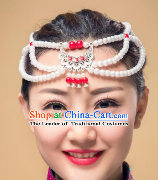 Chinese Traditional Folk Dance Pearls Hair Accessories, Mongolian Minority Dance Headwear for Women