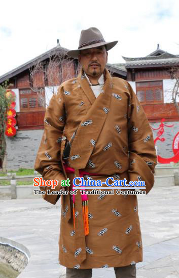 Chinese Traditional Tibetan Minority Wedding Costume Zang Nationality Brown Brocade Tibetan Robe for Men