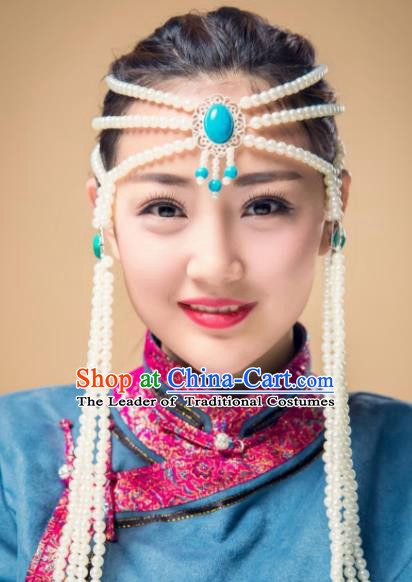 Chinese Traditional Folk Dance Kallaite Hair Accessories White Beads Hair Clasp, Mongolian Minority Dance Headwear for Women