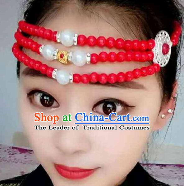 Chinese Traditional Ethnic Folk Dance Hair Accessories Red Beads Hair Clasp, Mongolian Minority Dance Headwear for Women