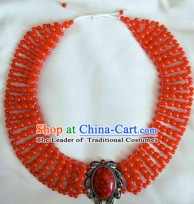 Chinese Traditional Ethnic Red Beads Hair Accessories, Mongolian Minority Folk Dance Headwear for Women