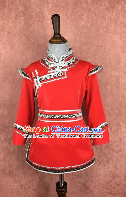 Chinese Traditional Girls Ethnic Costume Red Mongolian Robe, China Mongolian Minority Folk Dance Clothing for Kids