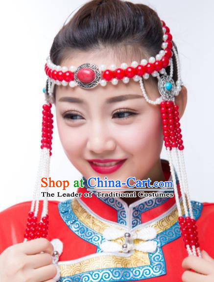 Traditional Chinese Folk Dance Red Beads Tassel Hair Accessories, Mongolian Minority Hair Jewelry Dance Headwear for Women