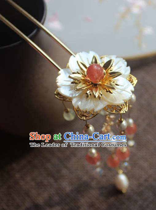 Chinese Ancient Handmade Shell Flower Hair Clip Classical Hair Accessories Hanfu Pearls Hairpins for Women