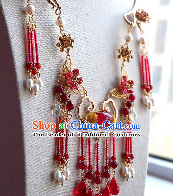 Chinese Ancient Handmade Hanfu Accessories Red Beads Tassel Necklace Conophytum Pucillum for Women