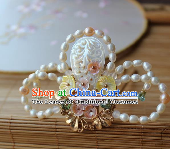Chinese Ancient Handmade Pearls Hair Clip Classical Hair Accessories Hanfu Shell Hairpins for Women