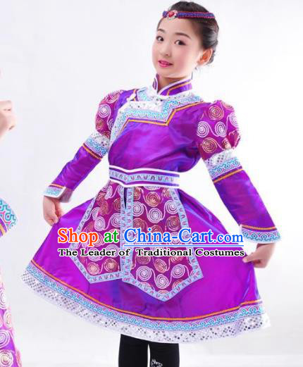Chinese Mongol Nationality Costume Purple Mongolian Robe Traditional Mongolian Minority Dress for Kids