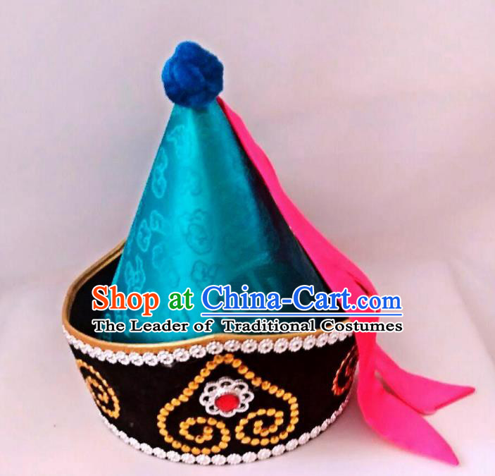 Chinese Handmade Mongol Nationality Wedding Hats Hair Accessories Mongolian Blue Hats for Men