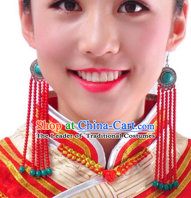 Chinese Handmade Mongol Nationality Accessories Mongolian Red Beads Tassel Earrings for Women